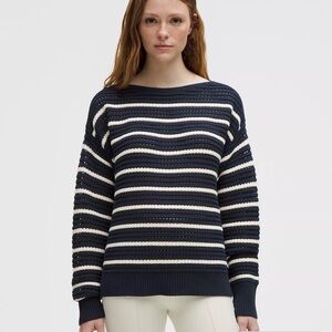 lululemon athletica Navy and White Striped Off-the-Shoulder Sweater